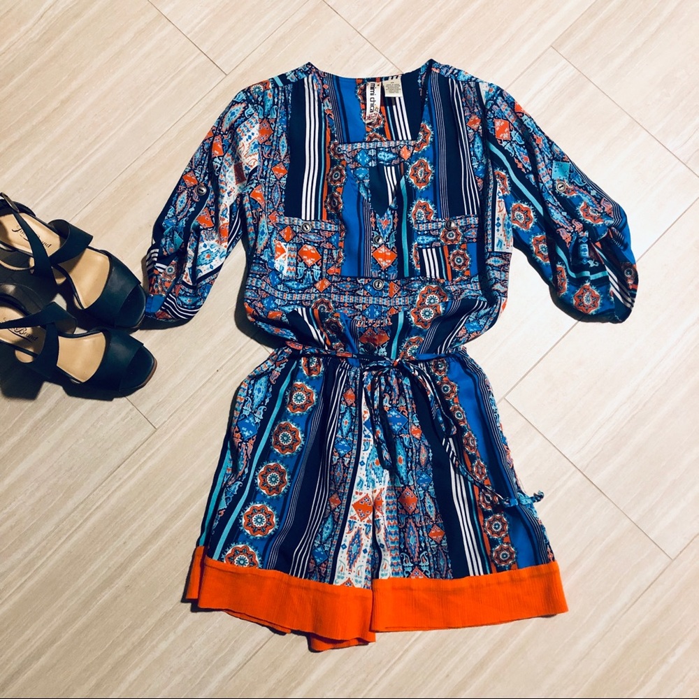 Mimi Chica 3/4 Sleeve Boho Print Romper blue